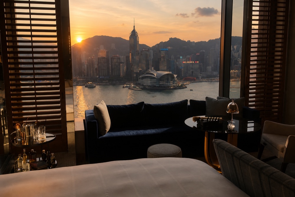 Hotel suite at sunset looking across Victoria Harbour to the Hong Kong skyline.